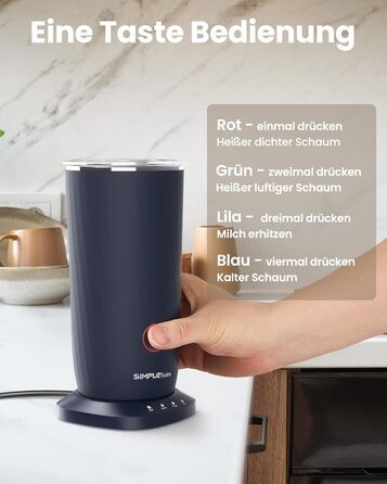 Електричний спінювач молока SIMPLETASTE 4-в-1: гарячий та холодний спінений молочний напій, підігрів молока, приготування какао, антипригарне покриття, автоматичне вимкнення, тиха робота, без BPA, для капучино та лате, темно-синій, з додатковою насадкою
