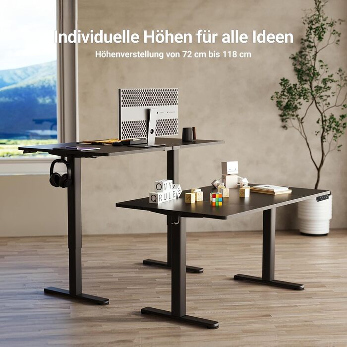 Регульований стіл Claiks з підйомною механізмом (FSC®), вантажопідйомність 80 кг, 3 функції пам'яті, гачки, тихий мотор, для дому та офісу, білий (180 x 80 см, чорний)