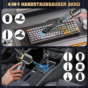 Акумуляторний ручний пилосос 4-в-1 для авто та дому, безщітковий двигун 28000Па, 3 режими потужності, міні-пилосос для офісу та кухні