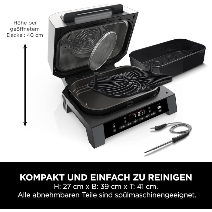 Ninja MAX 6-в-1 гриль та фритюрниця з гарячим повітрям для дому, 6 функцій приготування, об'єм 3.8 л, цифровий термометр, сірий/срібний, DG551EU