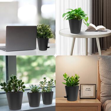 5 горщиків з пластику з системою поливу, 17.8/16.5/15.2/13.9/12.7 см. Самополивні горщики з підставкою, круглі, для квітів, сукулентів, кактусів, зелені та чорні, для дому, балкона та саду.