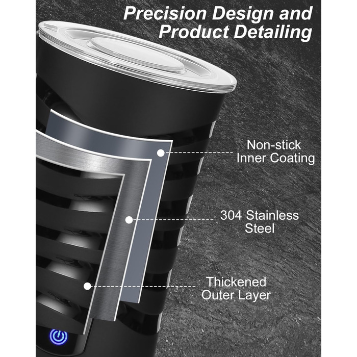 Електричний спінювач молока 4-в-1: гарячий та холодний, для кави та напоїв. Антипригарне покриття, автовимкнення