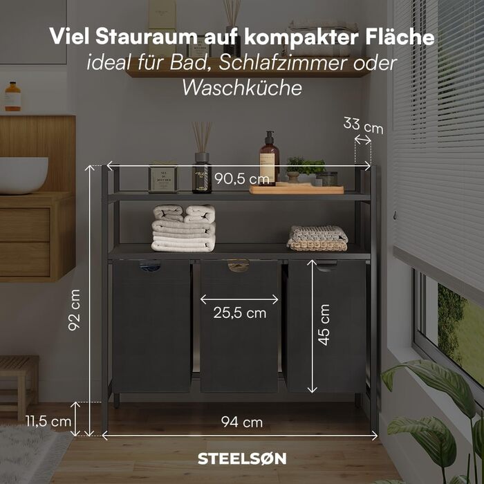 Сортувальник для білизни STEELSØN Rigil з 2 відділеннями, бамбукова полиця, 2 x 45 л, чорний, металевий, знімні мішки для білизни