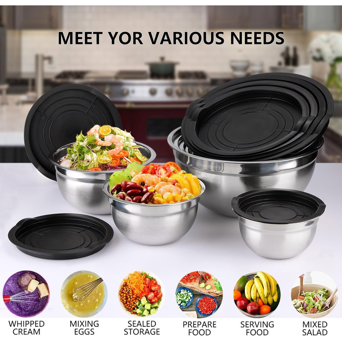 Набір місок для перемішування з кришками, 26 предметів: міски, чаші з нержавіючої сталі для випічки, змішування, подачі та приготування їжі. Об'єми: 5, 3.7, 2.8, 2.3, 1.7, 1.1, 0.7 л + 12 кухонних аксесуарів