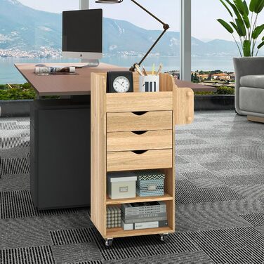 Роликовий контейнер COSTWAY з 3 висувними ящиками, візень для рукоділля з 2 стійками та 3 полицями, дерев'яний шафка на колесах, багатофункціональний візень для офісу та робочого кабінету (білий, натуральний колір)