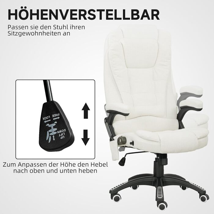 Крісло офісне Vinsetto з масажем, підігрівом та регулюванням нахилу. Ергономічне крісло для начальника з підлокітниками, функцією лежання, обертання на 360° та бічною кишеню. Обивка з льону, кремово-білий колір. Матеріал: 100% поліестер.