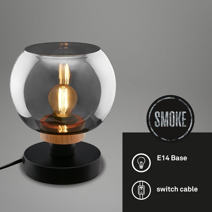 Приліжкова лампа, димчасте скло, настільна лампа з кабельним вимикачем, настільна лампа E14 для домашнього офісу, лампа для читання, форма з чорного дерева - кругла