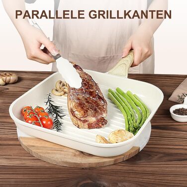 Сковорода-гриль GiPP 28x28 см, для стейків, індукційна, з алюмінію з гранітною антипригарним покриттям, без PFOA, для всіх типів плит, легко миється, біла