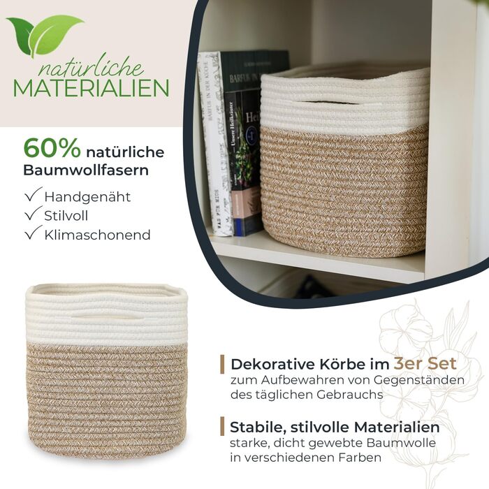 Набір кошиків для зберігання HMF, 3 шт., з прихованими ручками, бавовна, 37,5 x 25 x 22,5 см, пісочний колір
