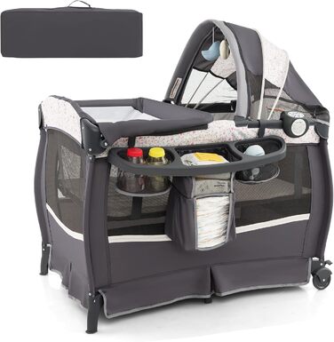 Дитяче туристичне ліжко COSTWAY 5 в 1 з матрацом, функція ліжечка-гойдалки, з регульованим козирком, пеленальний столик, музична іграшка та сумка для перенесення, до 15 кг (квітковий принт)