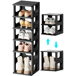Полиця для взуття OSTWOLKE вузька чорна, 6-ярусна полиця для взуття вузька, висока та вузька полиця для взуття, гнучка комбінована полиця для взуття для передпокою (4-поверхова низька, 1-поверхова висока та 1 верхній шар)
