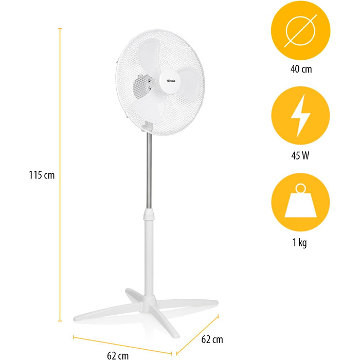 Вентилятор на п'єдесталі Tristar VE-5755 45 Вт 40 см Ø 115 см Регулювання висоти 3 налаштування швидкості коливання 85