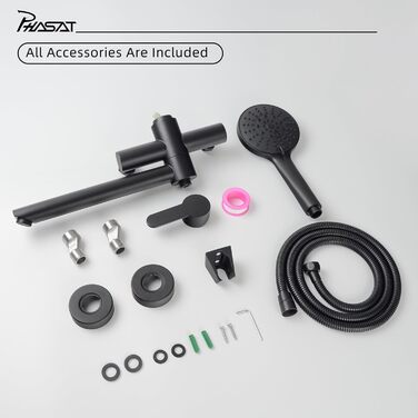 Змішувач для ванни PHASAT з витяжною лійкою, чорний, настінний монтаж, PTBB13E Long spout