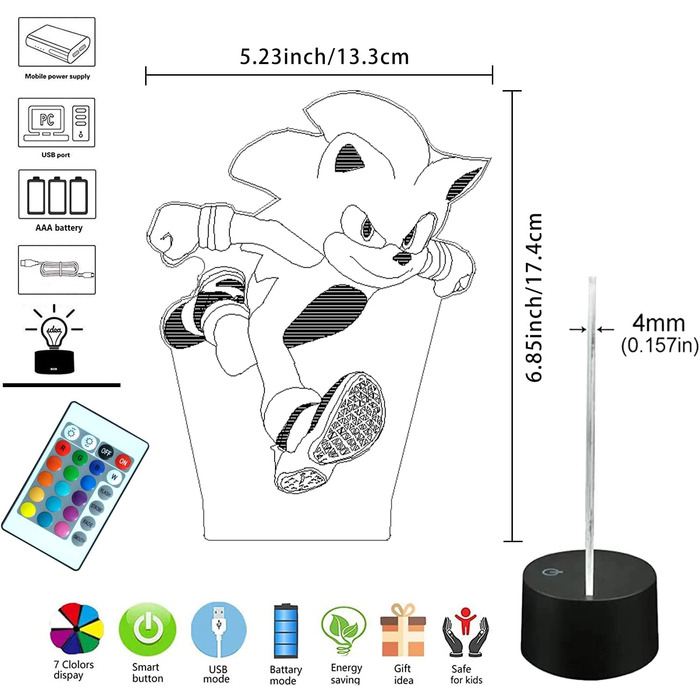 Іграшка Sonic Hedgehog 3D нічник Світлодіодна лампа-ілюзія-16 колірних варіацій / 1 пульт дистанційного керування / 1 чорна підставка/ - Декор спальні креативні подарунки для дітей чоловіки шанувальники Соника (Hedgehog run)