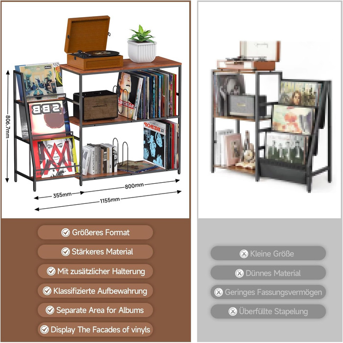 Стіл для програвача YCJY з полицями для платівок, вінтажний, місткість до 400 альбомів