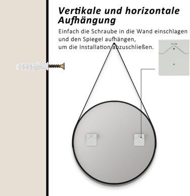 Круглий дзеркало Boromal Schwarz діаметром 40 см з реміннем, велике кругле дзеркало для ванної кімнати, спальні, вітальні, передпокою, з підвішуванням на стіну, з шкіряним реміннем