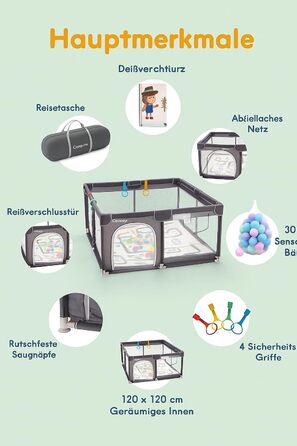 Дитячий манеж-ігровий центр з матрацом, басейн з кульками (50 кульок у комплекті) та 4 ручками для тримання. Розмір 124x124 см, дихаюча сітка, матеріал 210D Oxford, колір темно-сірий.