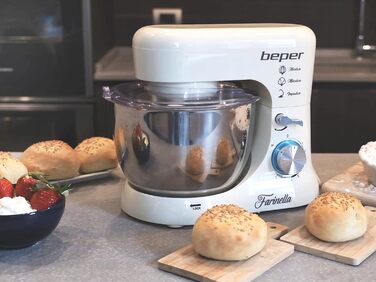 Міксер планетарний BEPER BP.200, 1000 Вт, 4.5 л, нержавіюча сталь, для замішування, подрібнення, приготування тіста, кремового кольору