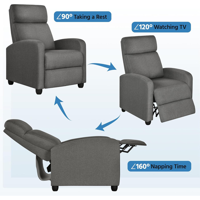 Крісло-релакс Yaheetech з регульованим нахилом, штучна шкіра, для вітальні, спальні, домашнього кінотеатру (сірий)