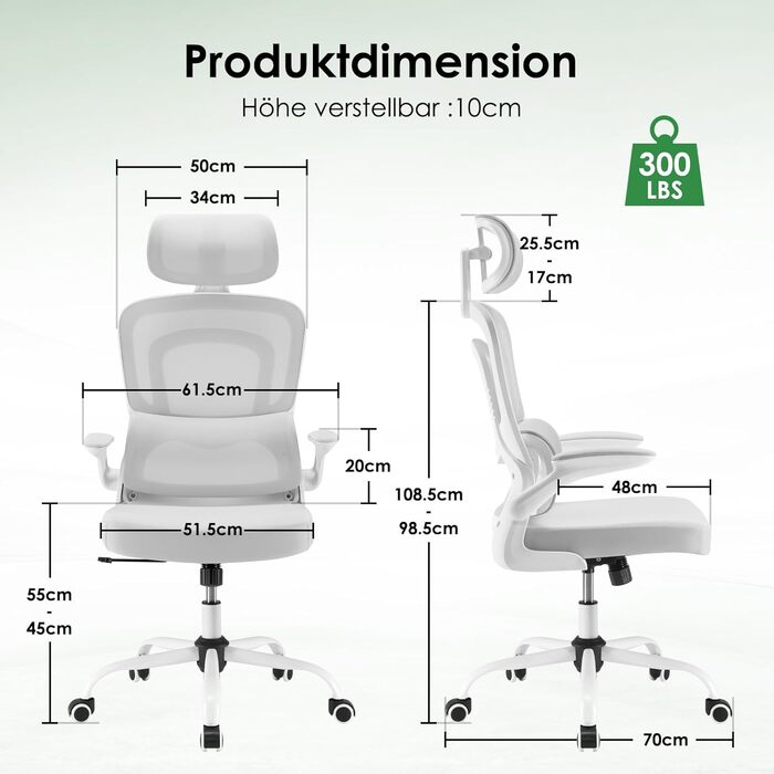 Ергономічне крісло Farini для офісу та дому: регульоване, з підголівником, сіро-біле. Крісло для комп'ютера, керівника, home office.