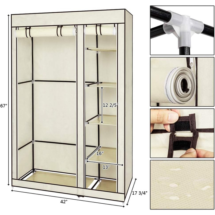 Розкладна шафа Тканинна шафа Полотно на блискавці, Штанга для одягу, Відділення, 110x45x175 см, Бежевий