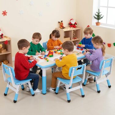 Дитячий стіл MAMIZO з 4 стільцями, регульована висота, набір для дитячої кімнати/садочка, пластикові меблі, сидіння для хлопчиків та дівчаток від 2 років (60 x 60 x 120 см, блакитний)