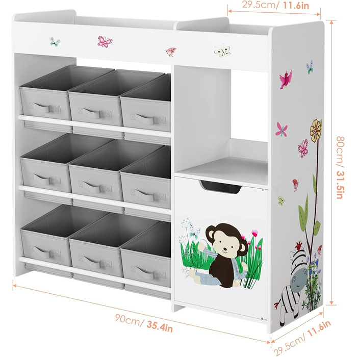 Дитяча полиця для іграшок HOCSOK з 9 ящиками, органайзер для іграшок, великий об'єм зберігання, книжкова полиця для дитячої кімнати, дерево, білий, 90 x 80 x 29,5 см