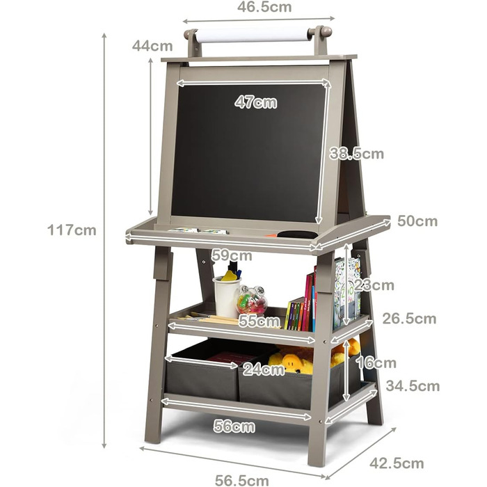 Дитяча мольберт LIFEZEAL 3 в 1: дошка для малювання, whiteboard, крейдяна дошка та рулон паперу, з 2 поличками та ящиками для зберігання, сірий