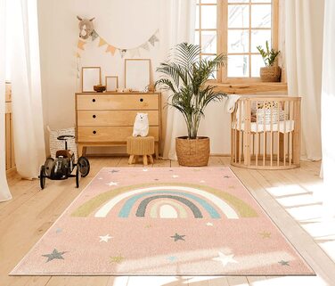 Килим Beat Kids Сучасний м'який дитячий килим з м'яким ворсом, легкий у догляді, стійкий до фарбування, з райдужним малюнком (Круглий, 120 х 120 см, рожевий)