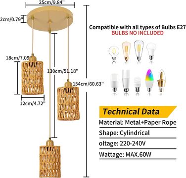 Підвісний світильник з ротанга 3 полум'я, підвісний світильник у стилі бохо E27 для їдальні, кухні, вітальні