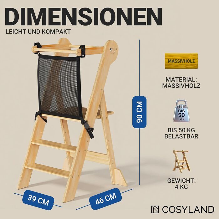COSYAND Монтессорі стільчик-сходинка для дітей від 1 року, регульована висота | Сходинка Монтессорі | Кухольчик для дітей | Колір: Темно-сірий-натуральний