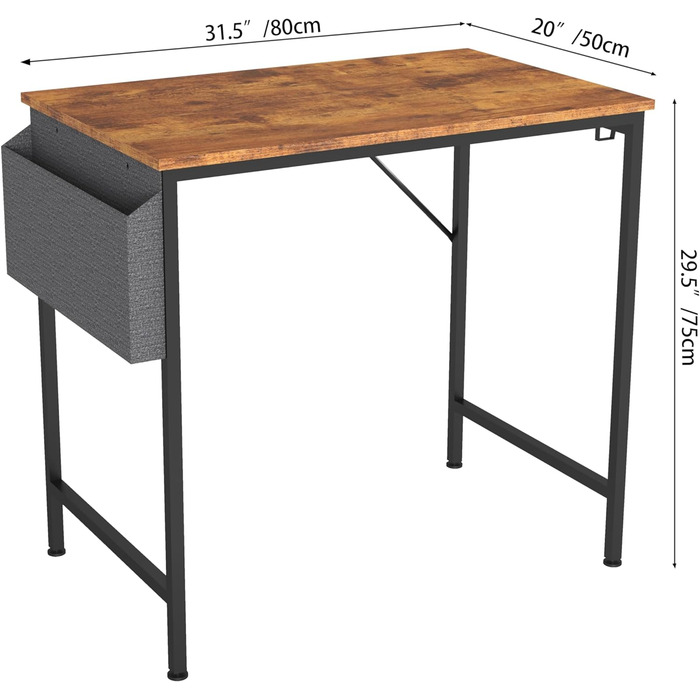 Малий письмовий стіл Panana 805075 см Комп'ютерний стіл Офісний стіл з тримачем для навушників і сумкою для зберігання, невеликий письмовий кабінет для дому, офісу, BOCD01-EN (вінтажний коричневий)