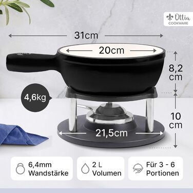 Набір для фондю Ottia з чавуну та емалі на 2-6 осіб: сирне, м'ясне, шоколадне фондю. Підходить для індукційних плит, безпечний, з пальником, виделкою та рецептами (Чорний)