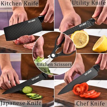 Набір кухонних ножів, 6 шт., чорний, гострий, з антипригарним покриттям, нержавіюча сталь, з підставкою для ножів (чорний)