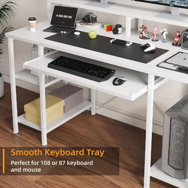 Комп'ютерний стіл для дому та офісу з підставкою для клавіатури, геймінговий стіл з підставкою для монітора та CPU-стійкою, сучасний стіл для навчання та роботи, білий, з полицями