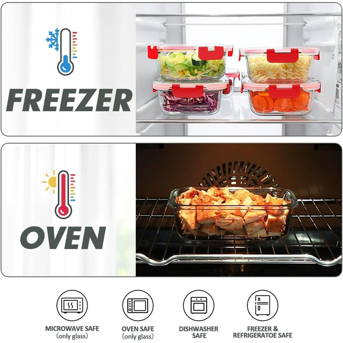 Набір контейнерів Verones 24 шт. з кришками, повітріобіг, скляні ланч-бокси, для зберігання, миття в посудомийній машині, (червоний/для подорожей, однотонний)