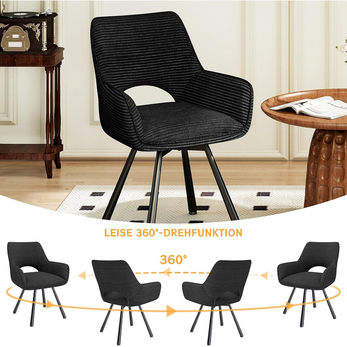 Ессі стільці 4 шт. поворотні 360°, з підлокітниками, металеві ніжки, для їдальні, вітальні, кухні, м'які, оксамитові, бежеві (1 поворотний, чорний)