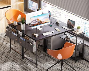 Комп'ютерний стіл ODK для геймінгу L-подібний з розетками, полицями та підставкою для ПК. Підходить для дому та офісу, компактний, 101,6 см