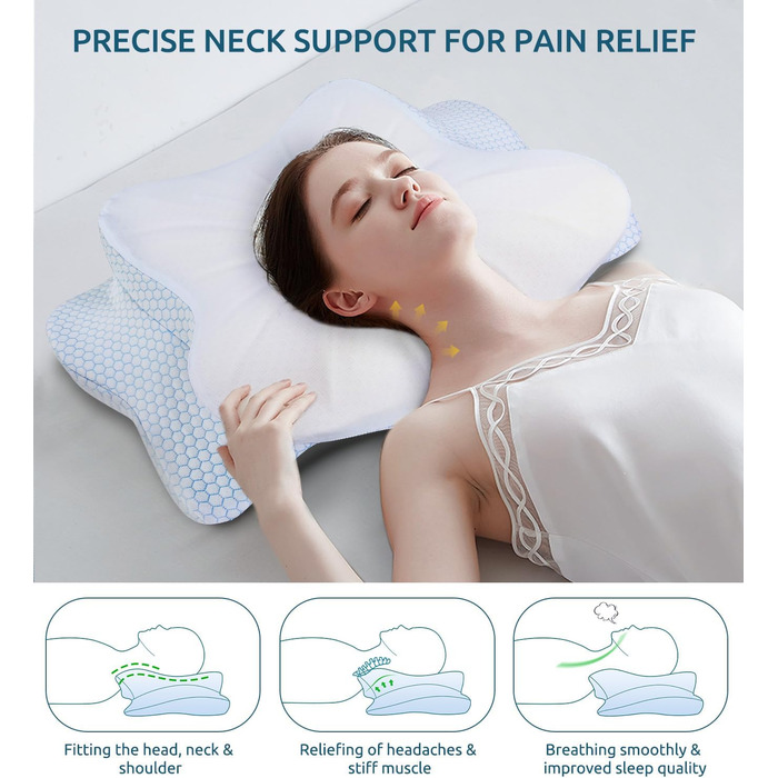 Подушка для шиї, подушка з піною з пам'яті, ергономічна подушка для шиї, подушка для тих, хто спить на боці, на спині та животі, сіро-білий колір (блакитний), 70 x 42 x 14 см