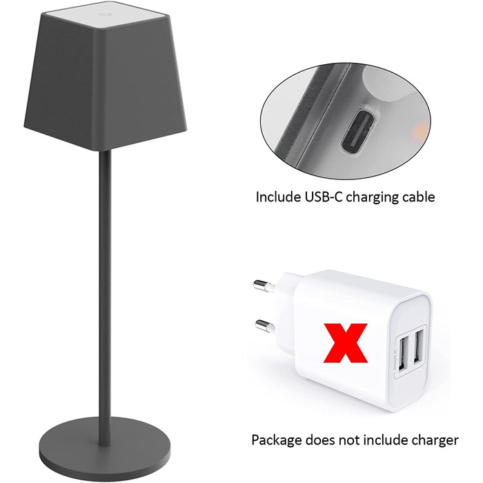 LED-лампа K-Bright на акумуляторі, диммер, тепле світло, для дому та вулиці, USB-C, 3000K, темно-сірий