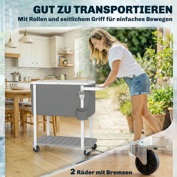 Мобільний сервірувальний візок-холодильник з колесами, 56 л, з відкривачкою для пляшок, нижньою полицею та ручкою, сірий колір