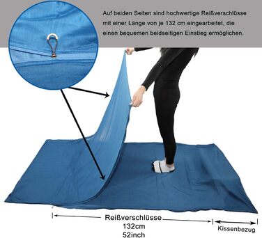 Шовковий / бавовняний спальний мішок BROWINT, дорожній спальний мішок на подвійній блискавці з відділенням для подушок, дуже широкий спальний мішок для котеджів 220 см х 110 см для гуртожитків, легкий, компактний і дихаючий, темно-синій
