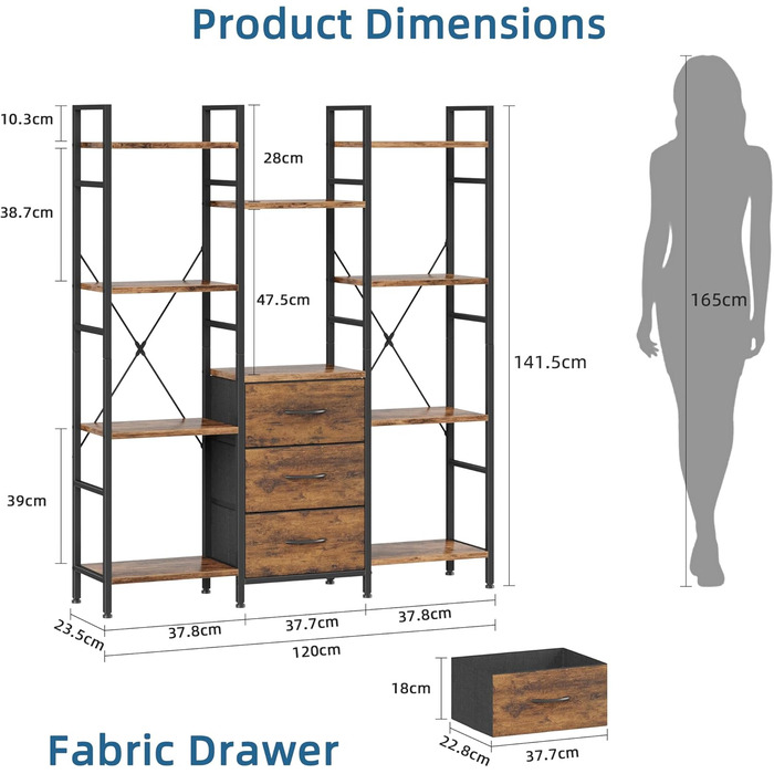 Стильна полиця-стеллаж з 4 висувними ящиками з тканини, 100W x 142Hcm, для книг, кухні, вітальні, офісу, балкону, в індустріальному стилі (4 яруси, 120cm, рустикальне дерево)
