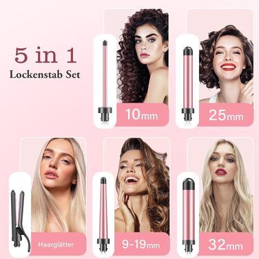 Набір для завивки та випрямлення волосся BESTOPE MIX 5-в-1 з насадками для великих та маленьких локонів, 10-32 мм, швидкий нагрів, 2 температурні режими, рожевий