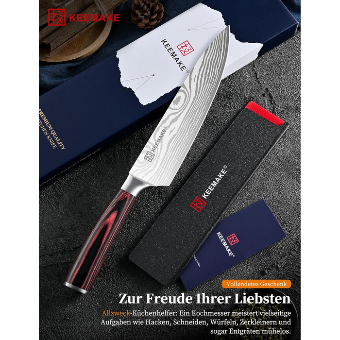 KEEMAKE Ніж кухарський 20см, професійний ніж для кухні з нержавіючої сталі з захистом леза, гострий ніж шеф-кухаря для м'яса, овочів, риби