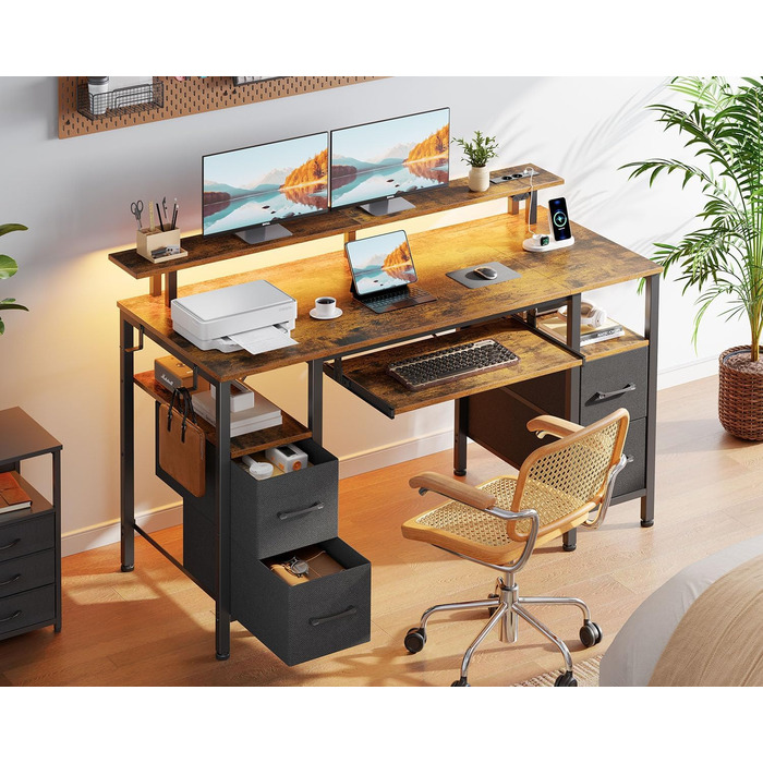 Ігровий стіл Seventable з LED підсвіткою, розетками та USB портами, шухлядами, підставкою для клавіатури та монітора (120x47x87 см, вінтажний коричневий)