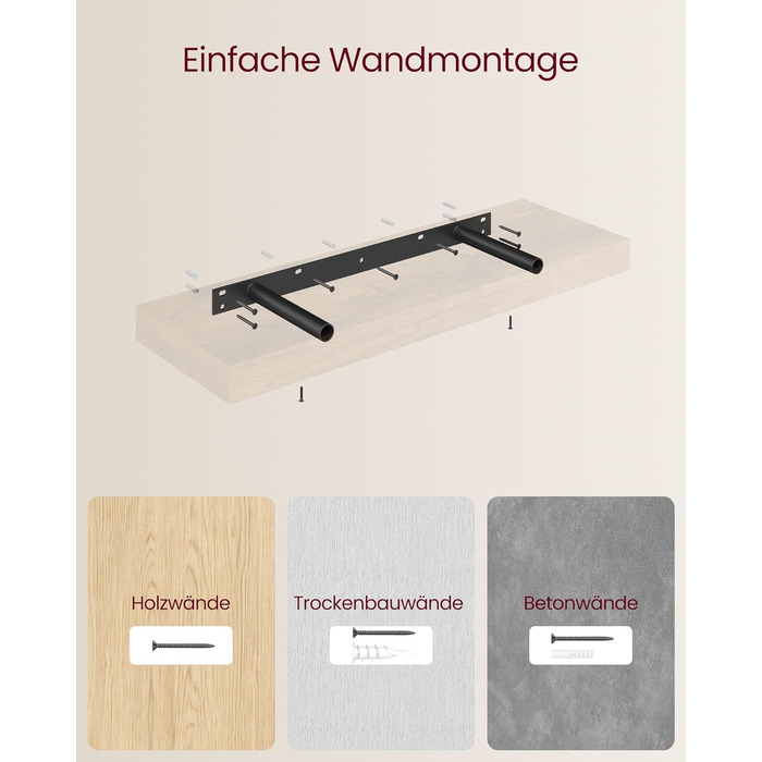 Настінна полиця VASAGLE, 3 шт. у наборі, 20 x 80 x 3,8 см, вінтажний колір, для фотографій, декору, вітальні, кабінету, кухні