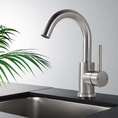 Змішувач для ванної кімнати/кухні з нержавіючої сталі, поворотний на 360°, висота виливу 150 мм, з однорідним змішувачем, покриття - нікель