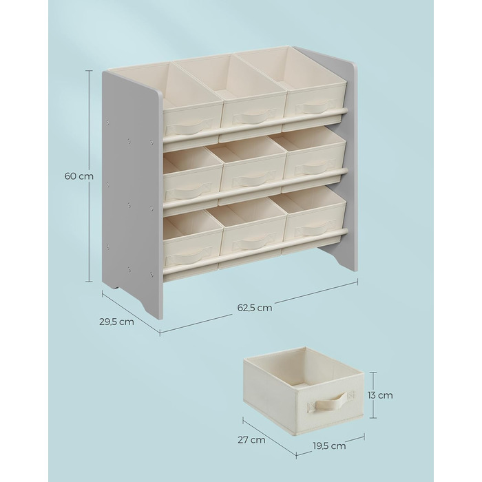 Дитяча полиця SONGMICS з 9 коробками з нетканого матеріалу, 29,5 x 62,5 x 60 см, Dove сіра, GKR033G10