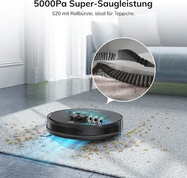 Робот-пилосос з функцією миття підлоги, автоматична станція самоочищення, лазерна навігація, зони заборони, 5000Pa, 5*2.5L мішки для пилу, 180 хвилин роботи, керування через додаток, для твердих підлог, килимів та шерсті тварин, S20